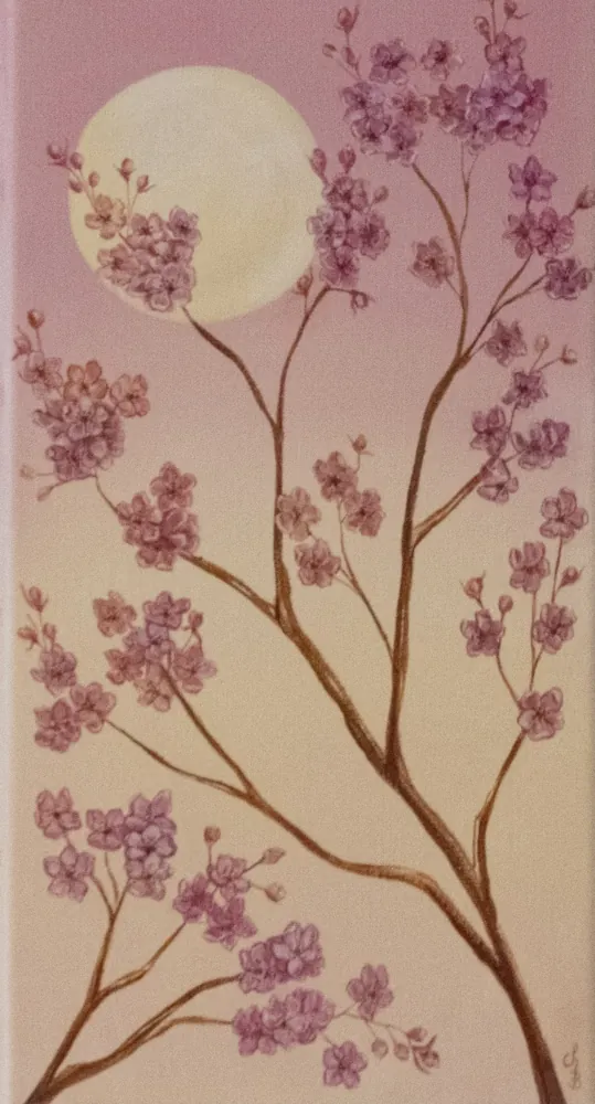 Cerisier en fleurs sous la pleine lune, toile aux tons rose poudré
